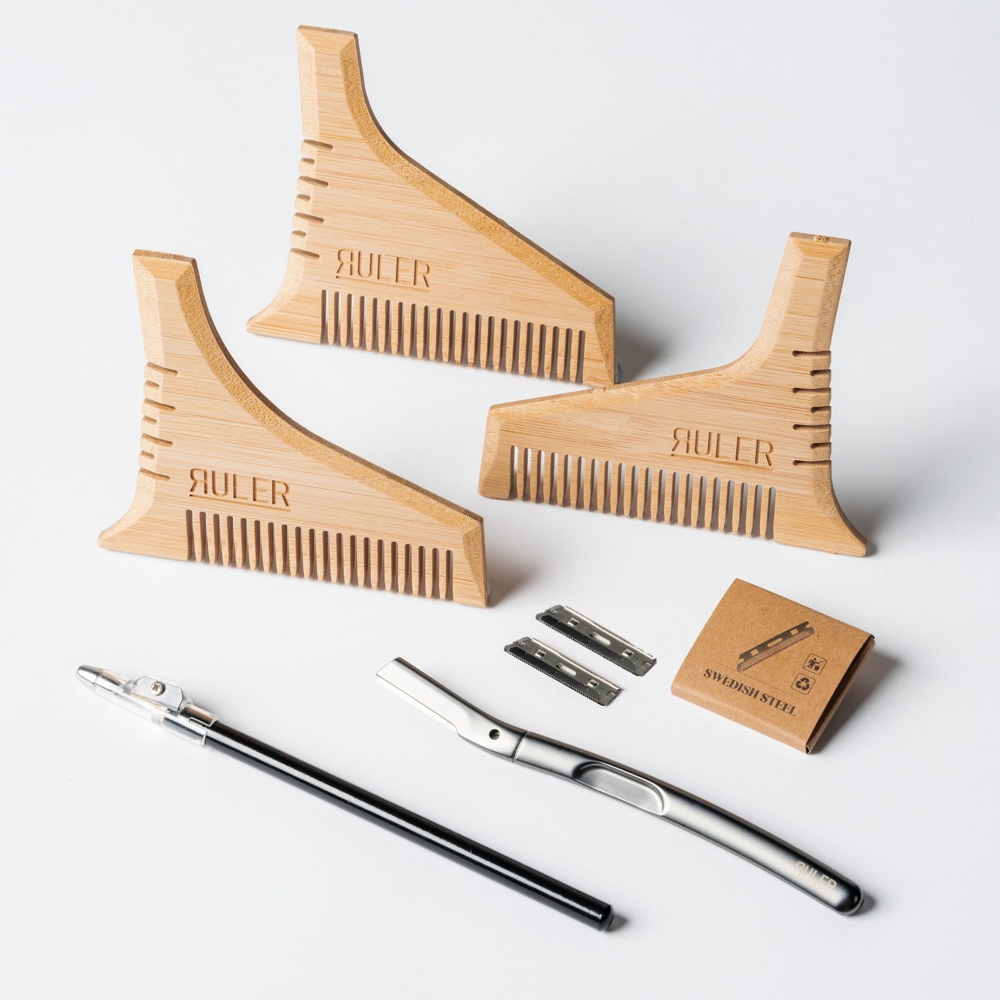 Ruler Grooming Gift Pack with 3 beard combs, precision razor, and barber pencil