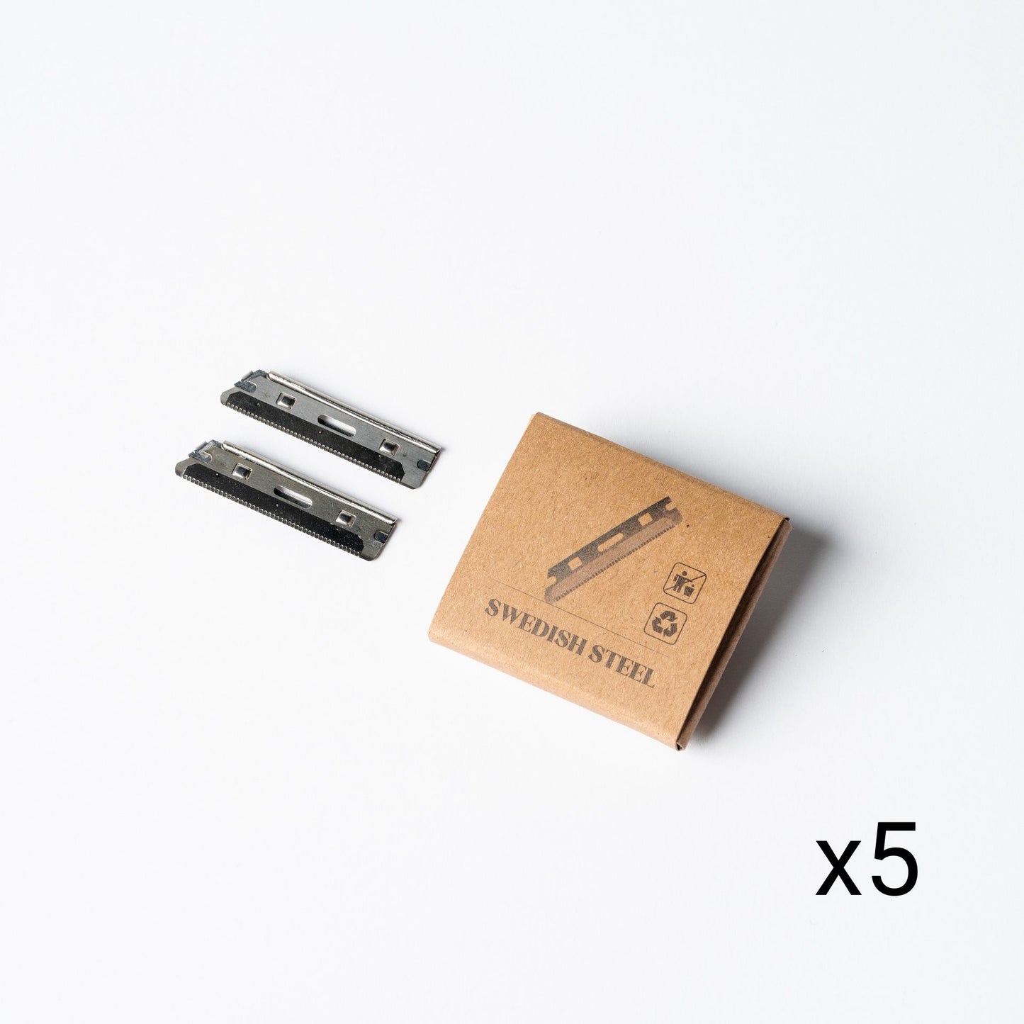 Two stainless steel replacement razor blades for Ruler Precision Razor x5, angled view