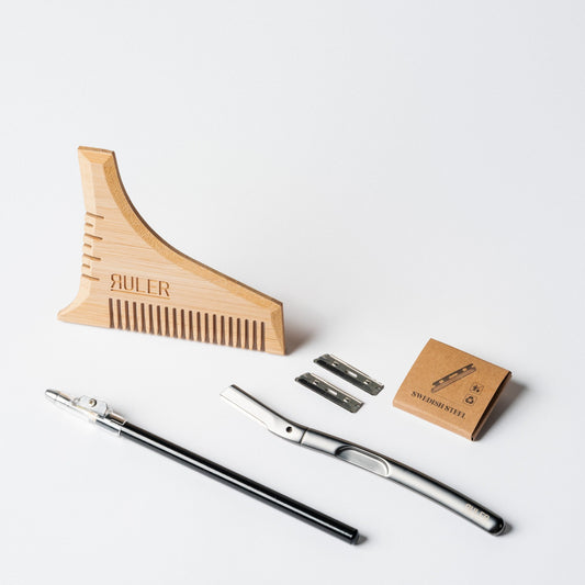 Mr Universe Grooming Pack with beard shaping comb, precision razor, and barber pencil by Ruler