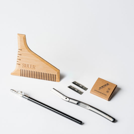Modern Man Grooming Pack with straight beard comb, precision razor, and barber pencil by Ruler